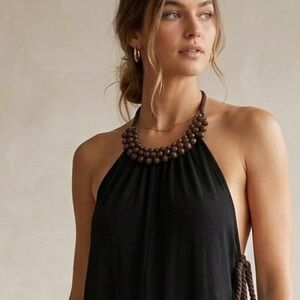 Black Halter Maxi Dress with Beaded Neck Tie open back cotton